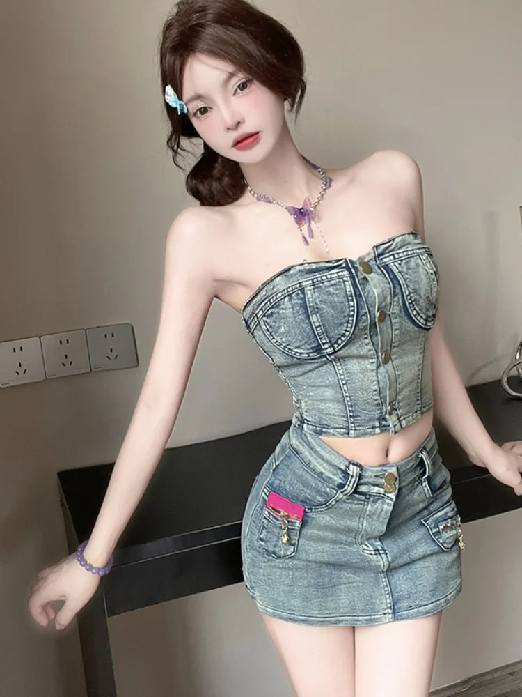 

Sexy American Sle Hot Girl Denim Set Vest Tube Top Butt Covering ort Skirt Two Piece Set for 8-25 Years Old Women