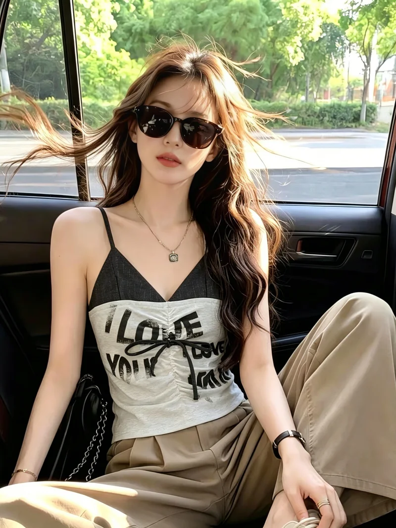 

Color Block Letter Print Pleated Women's Tank Top Slim Fit Summer New Style Trendy Girl Vest Korean Style Commute Silk Fabric