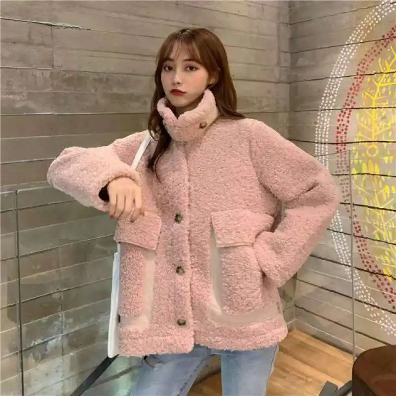 Winter Thick Warm Woolen Coat Women Casual Loose Turn-down Collar Lamb Plush Jacket Outerwear Clothing