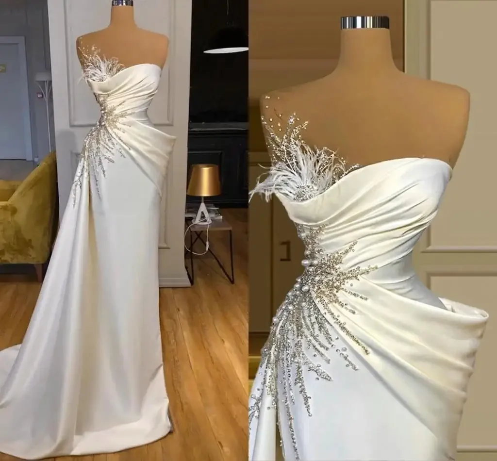 Vestidos De novia De sirena De plumas con cuentas brillantes y encantadores personalizados Vestido De fiesta largo Casamento vestidos De novia fruncidos De satén