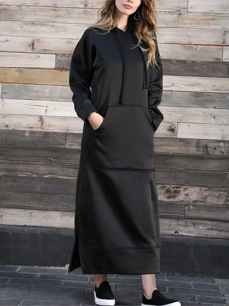 Autumn Winter New Women\'s Loose Large Knitted Hooded Long Skirt With Velvet Hoodie Casual Fashion Dress Large Pocket Skirt