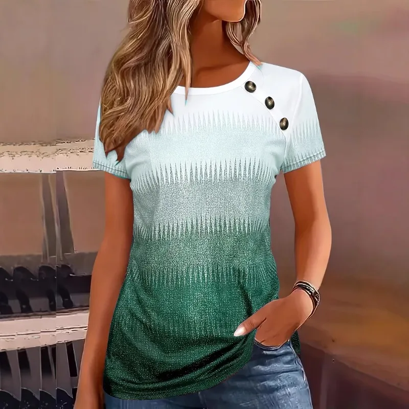 

2023 летняя новая женская одежда в полоску с градиентом цвета, контрастные пуговицы, с короткими рукавами, женская одежда в стиле Харадзюку