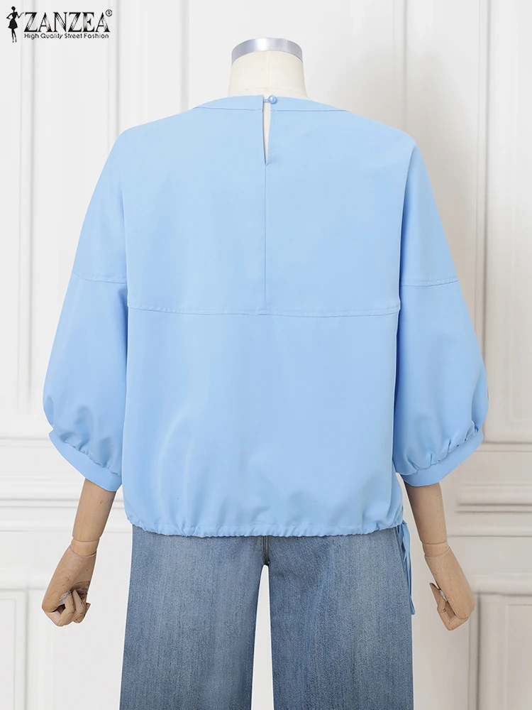 2025 ZANZEA Stylish Autumn Blouse Women Solid OL Work Tops Elegant Casual O Neck 3/4 Sleeve Office Shirt Drawstring Hem Blusas