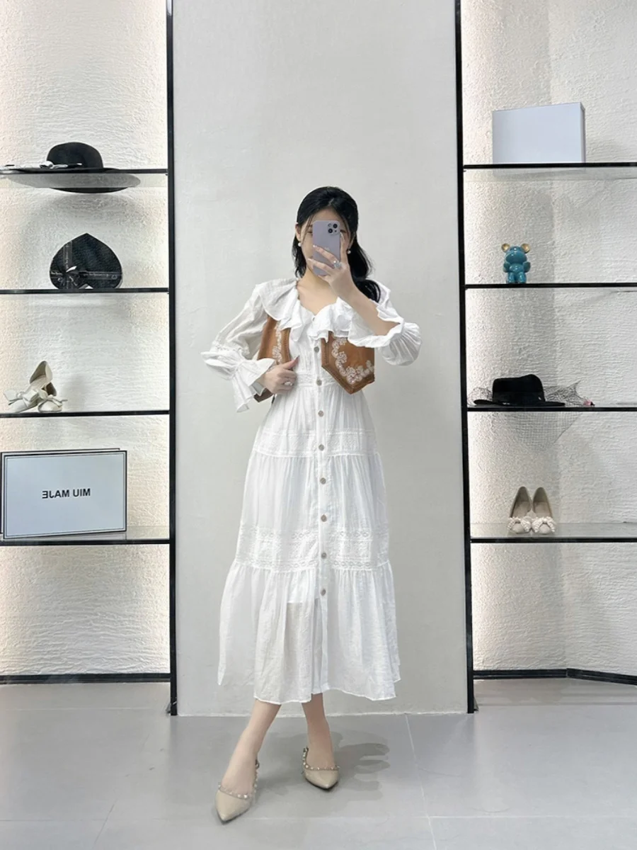 

Ele Faionable Women's Dr Set with Ruffle Design Spring Summer New Arrival Vintage Sle Long Sve Button Closure