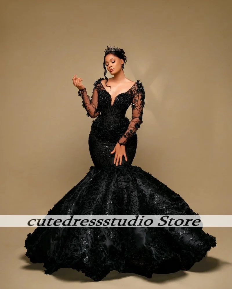 Encantadores vestidos de noche con cuello en V y apliques de cuentas de lujo vestido largo negro africano para fiesta de graduación vestidos de fiesta de boda 2025 personalizados