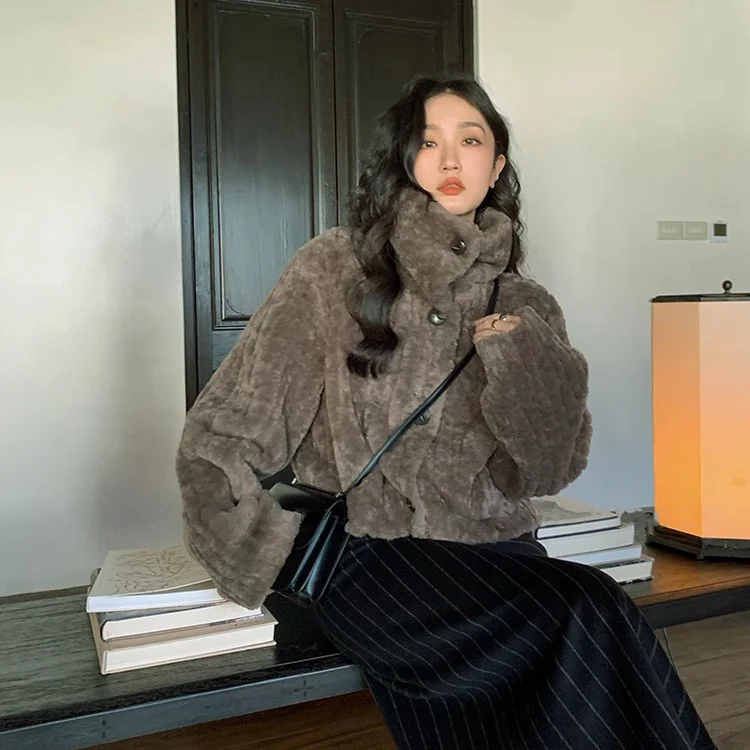 

New Autumn And Winter Thick Short Coat Retro Niche Stand Collar Warm Fluffy Coat For Women