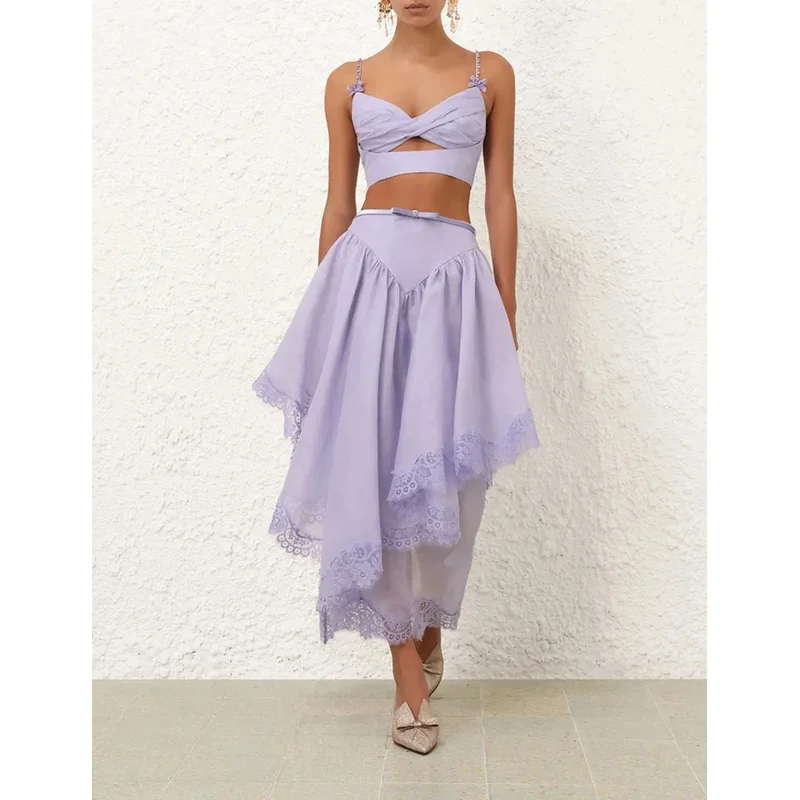 

2025 Beach Style Spring Summer High Quality Violet Pleats Cut Out Strapless Tops and Lace Irregular Hem Skirt Women Set Outfit