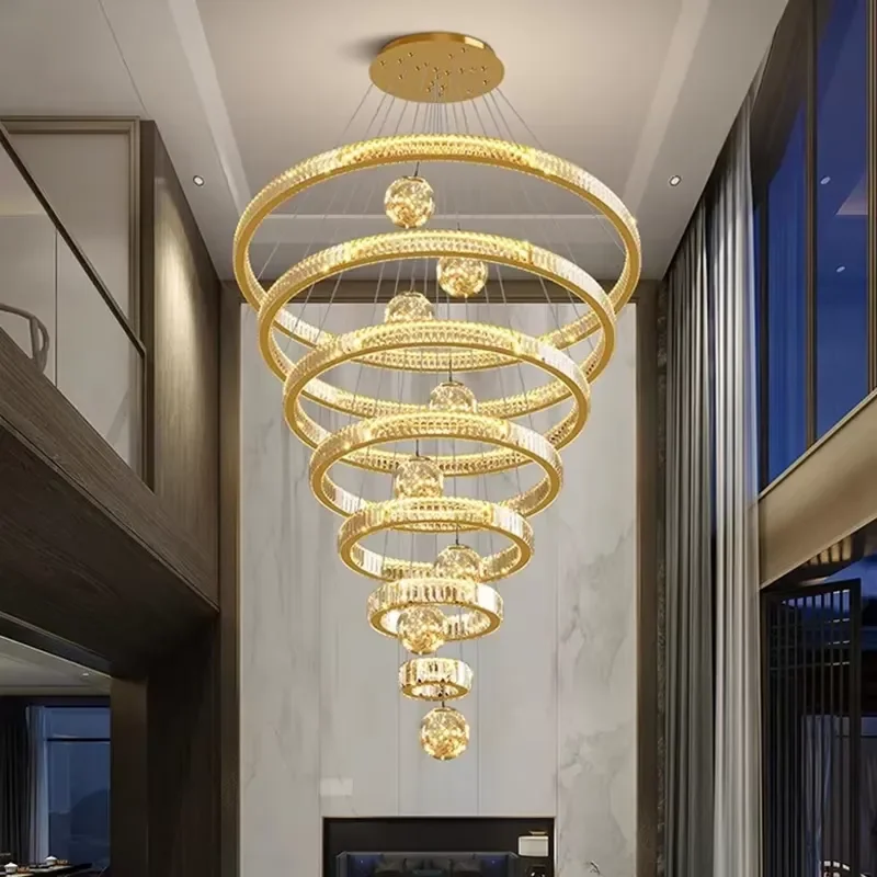 Modern Crystal Chandelier Golden Loft Lamp Luxury Villa Hotel Hall Living Room Large Home Lighting Fixture Stair Pendant