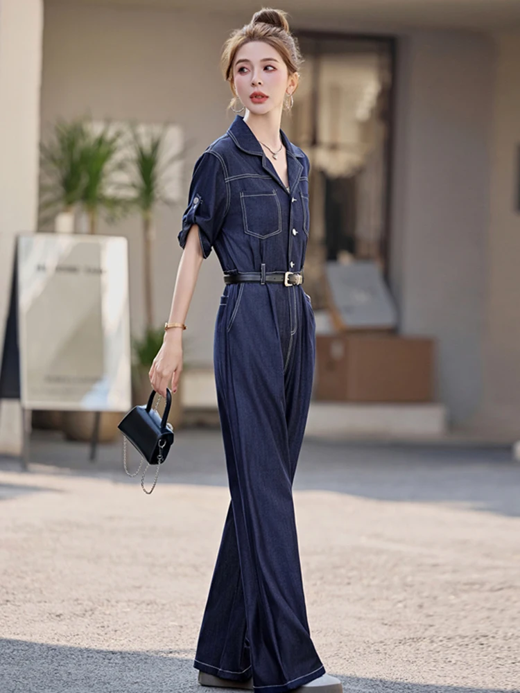 Letni kombinezon dżinsowy z szerokimi nogawkami, damski, modny, z wysokim stanem, wyszczuplający, prosty krój, lekki poliester.