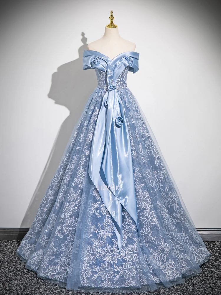 ブルーウエディングイブニングパーティードレス女性オフショルダーアップリケゲストウェディングドレス豪華なカスタマイズされたフォーマルな機会のドレス
