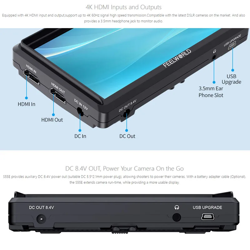 FEELWORLD S55E 5.5 Inch DSLR Camera Field Video Monitor FHD IPS Support 4K HDMI Input Output Tilt Arm Power Output view 5