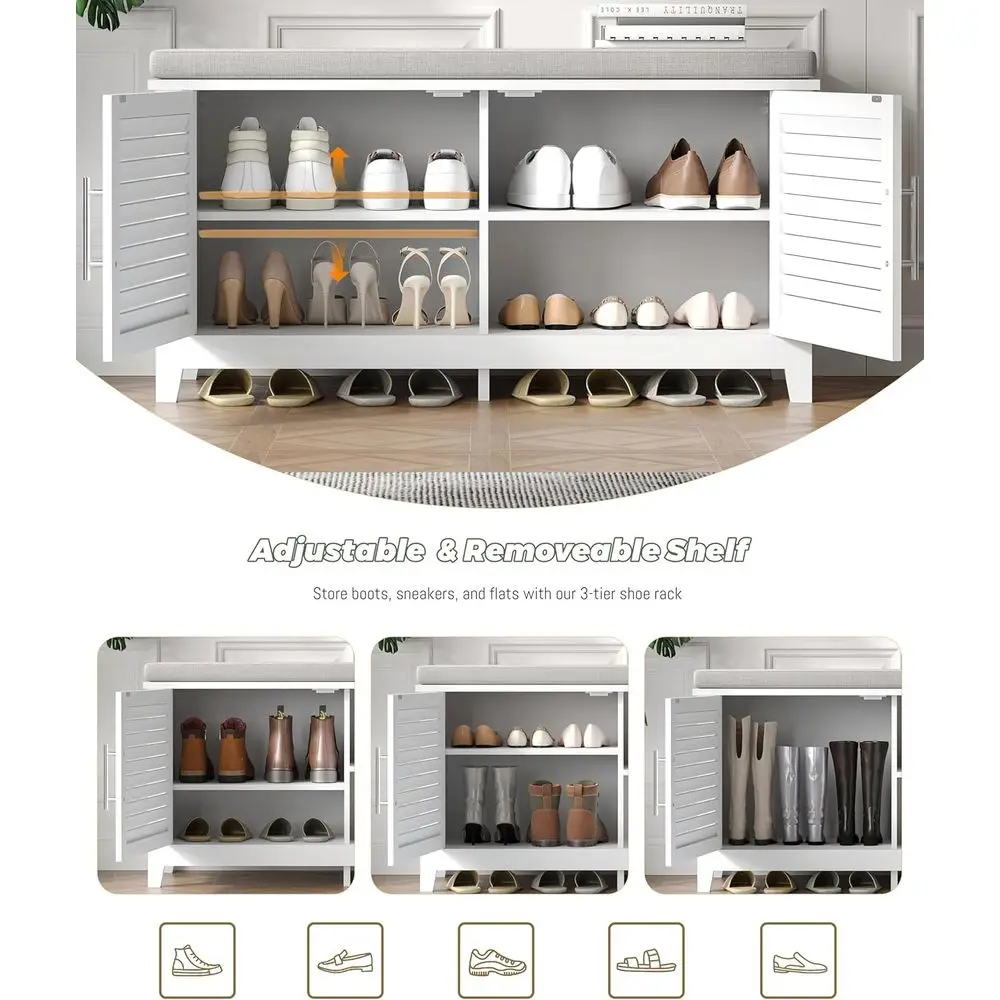 White 2-Tier Entryway Shoe Storage Bench with Cushion & Adjustable Shelf, 39.4 Wide