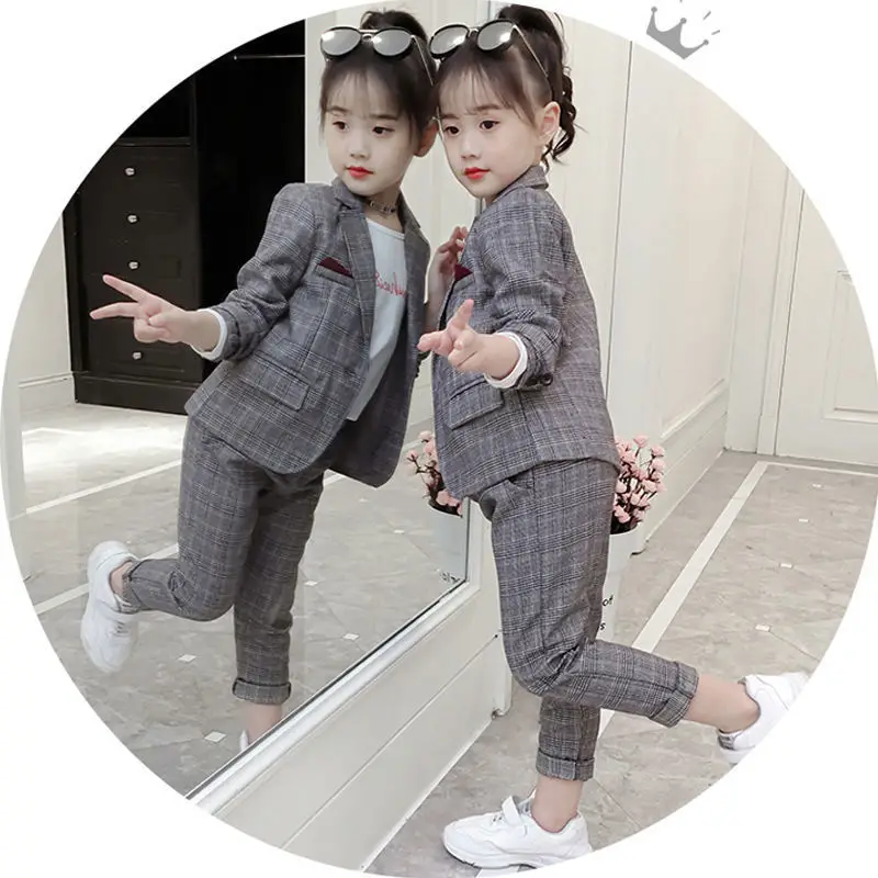 2022 New Girls Gray Plaid Suit Spring and Autumn 2-5-10-12T Children's Two-piece Children's Party Suit + Pants Suit