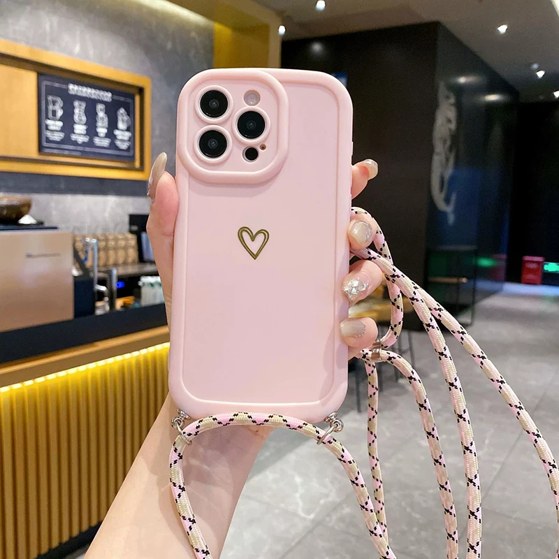 Crossbody Liefde Telefoon Gevallen voor IPhone 17 16 Pro Max 15 14 13 12 11 Met Lanyard Siliconen Achterkant