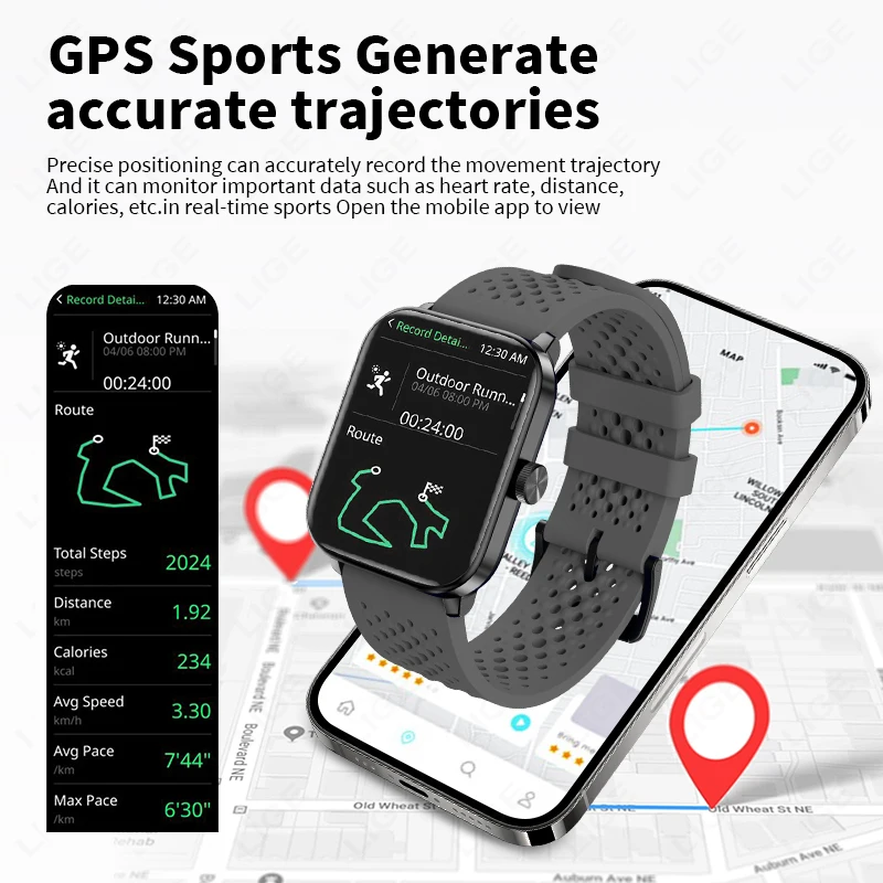 LIGE Новые GPS-часы для мужчин с отслеживанием движения, большим экраном 1,83 дюйма, Bluetooth-вызовом, монитором сердечного ритма, водонепроницаемые смарт-часы IP68