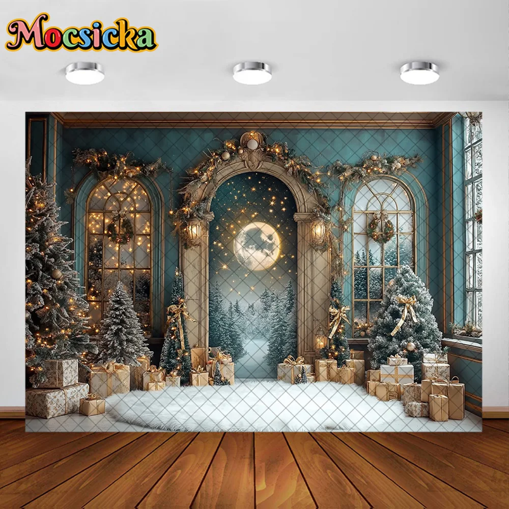 Mocsicka خلفيات للتصوير الفوتوغرافي شجرة عيد الميلاد نافذة القمر ديكورا الأسرة عيد الميلاد عطلة صورة خلفيات الصور للصور