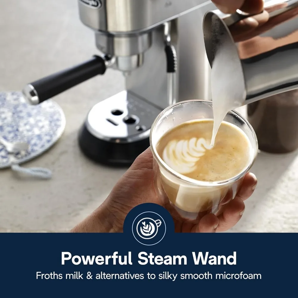 ماكينة إسبريسو De'Longhi Dedica Arte مع عصا البخار My LatteArt (رغوة الحليب)، مضخة 15 بار وتحكم في درجة الحرارة بثلاثة مستويات - مدمجة