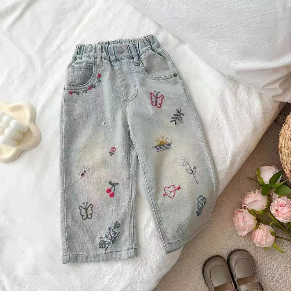 

Spring and Summer Retro Korean Embroidery Loose Casual Pants Flower Butterfly Korean Version Fashion Kids Jeans Girls Clothes