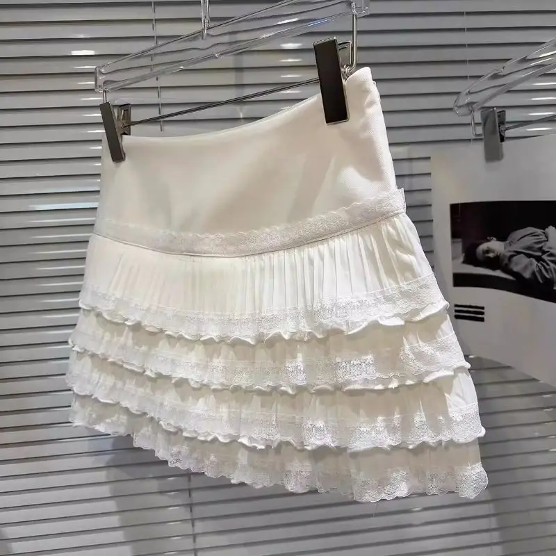 Women Clothing Jupe Cake A-line Lace Pleated Skirt Faldas Mujer Юбка Юбки Korean Style Mini Skirt Black White Jupe Femme