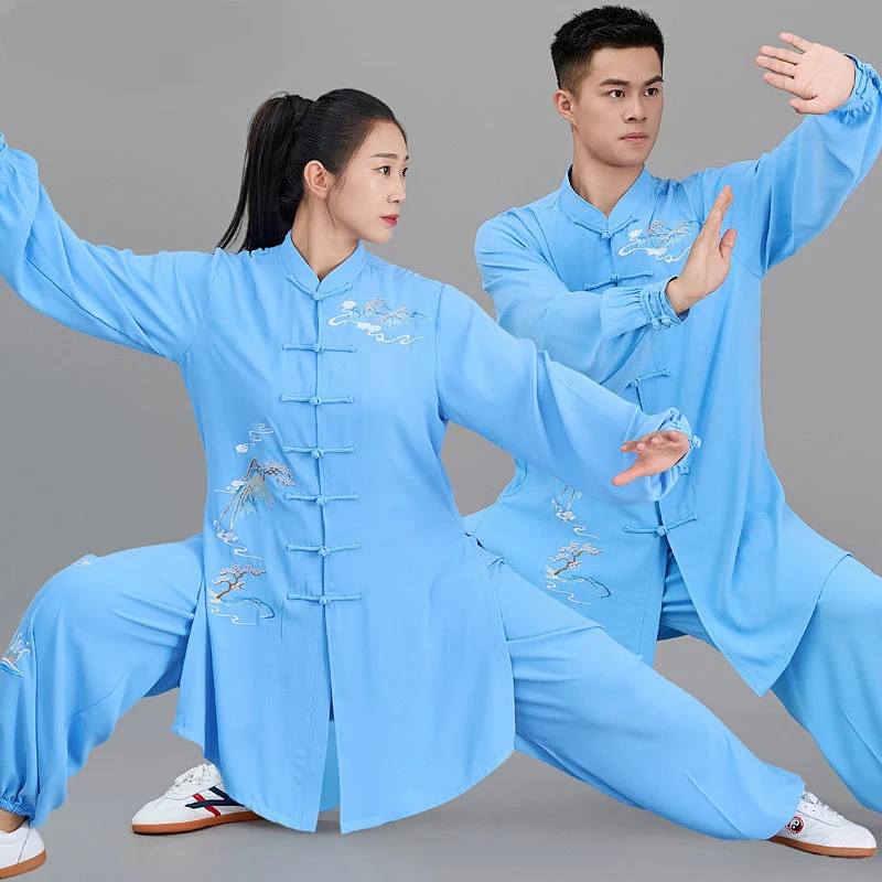 Custom Unisex Blue Landscape Embroidery Tai Chi Suit - Breathable Linen Spring Summer Martial Arts Qigong Uniform