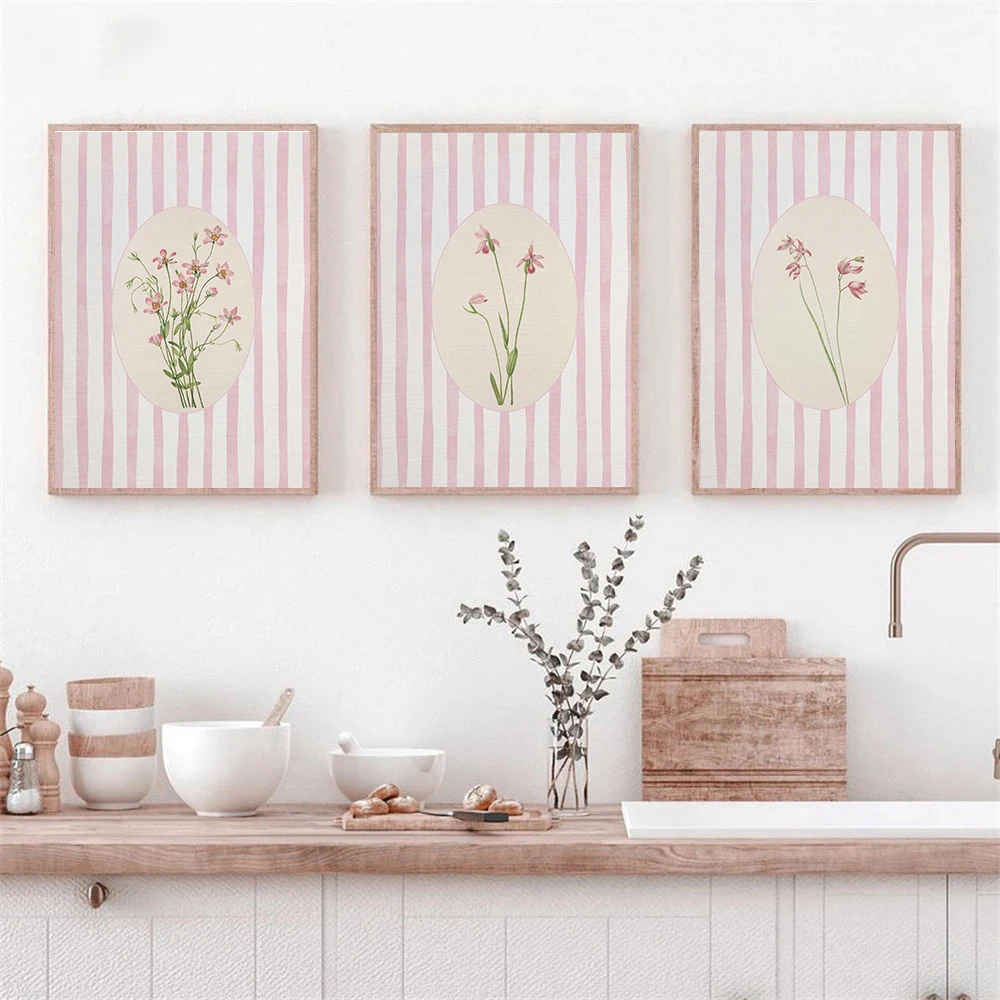 Pink Floral Blue Striped Botanical Poster Canvas Painting Print Neutral Cottagecore Wall Art Picture for Living Room Home Decor