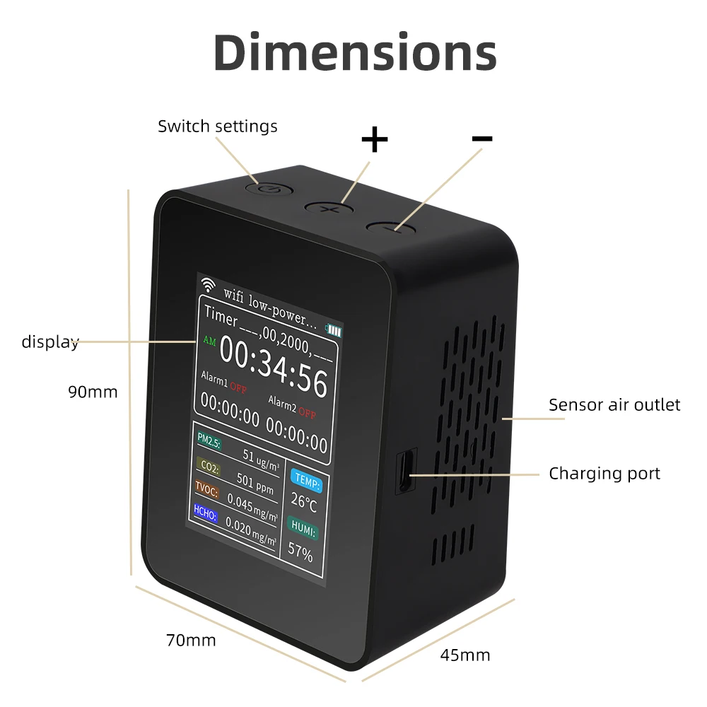 Smart Air Quality Monitor Analyzer With Alarm Timer Detector CO2 PM2.5 TVOC HCHO TEMP HUMI Detectors APP Remotes