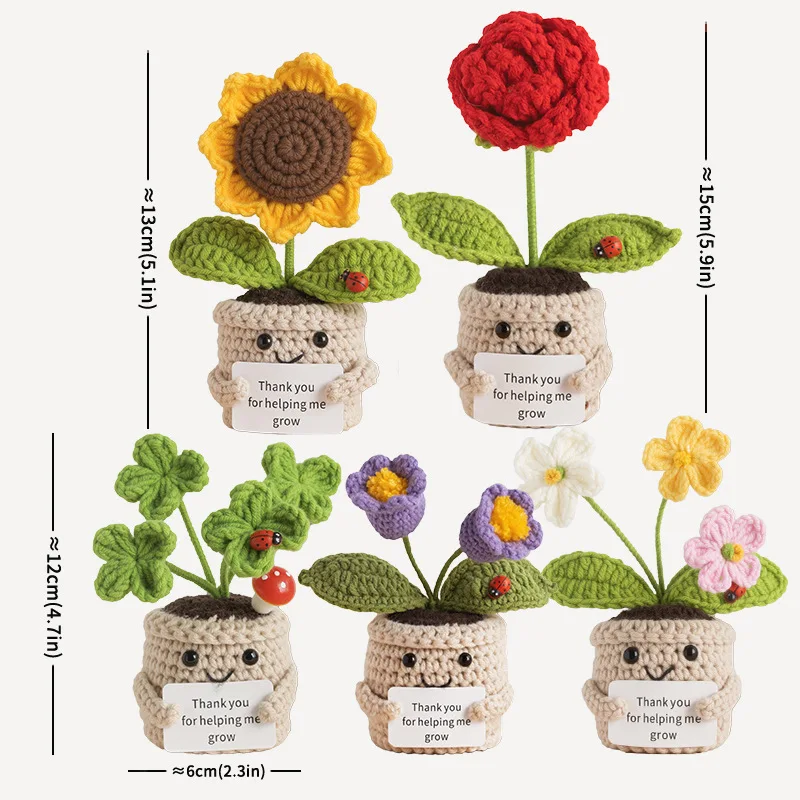 Positive Emotional Support Crochet Flower Plant Pot Creative Handmade Knitted Flowers Home Room Decoration Desktop Ornament Gift