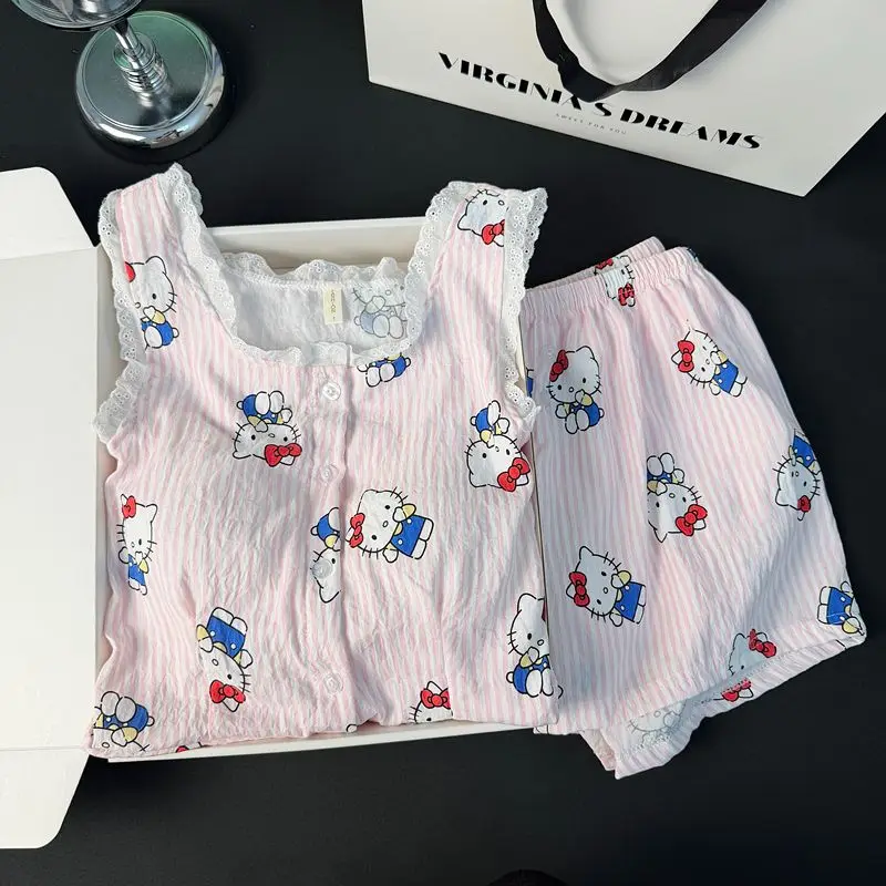 Hello Kitty Women's Summer Cloud Cotton Pajama Set with Built-in Bra Cami Shorts Lace Trim Sweet Cute Loungewear - view 2