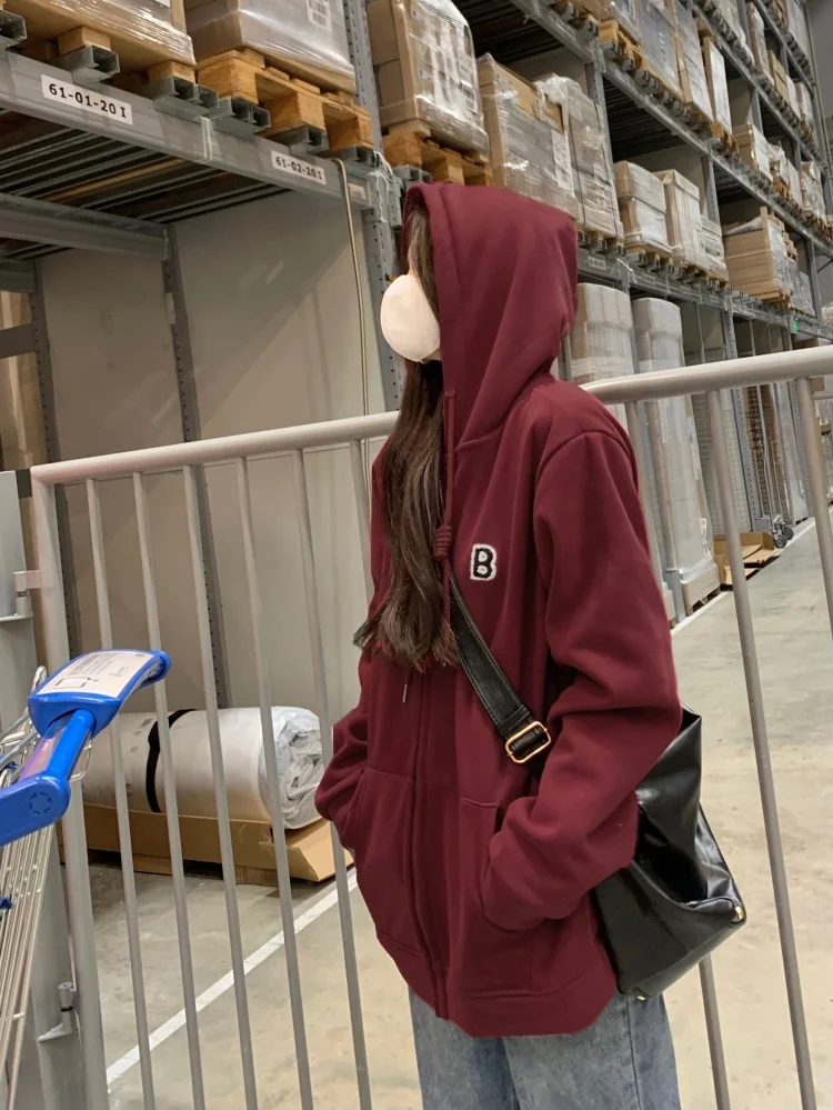 Schwere reine Baumwolle weinroter Kapuzenpullover Jaet Damen locker sitzende Thiened Kapuzenreißverschluss offene Strickjacke Herbst Winter Neu A...