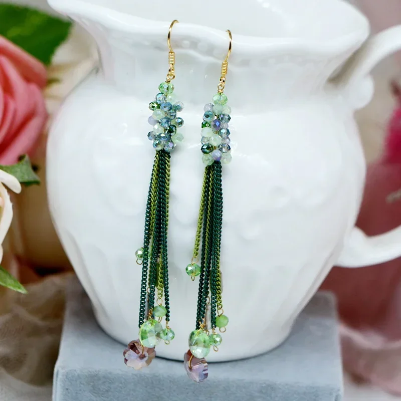 S925 Silver Ear Hook Boho Handmade Small Beads Tassel Earrings Ethnic Ethos Fresh Personality Drop Earrings for Women Gift