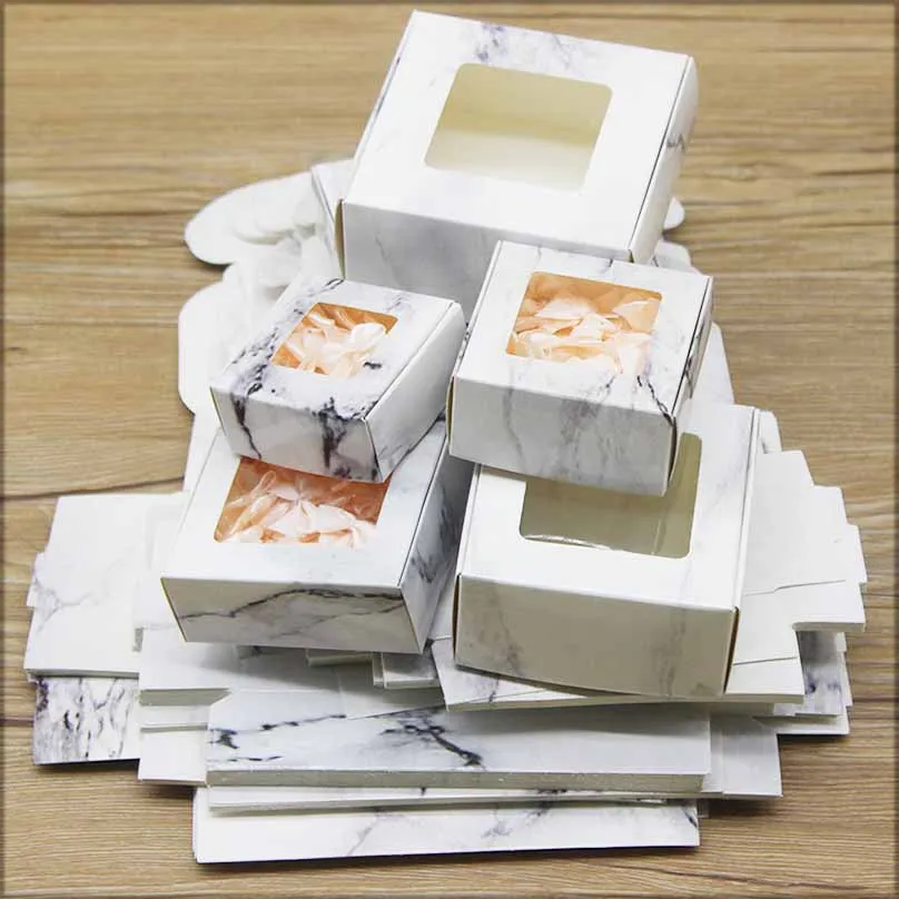 10pcs Multi size Gift Packaging Kraft Paper Window Box Paper Marble Box with Windows Christmas Packaging Packaging Box