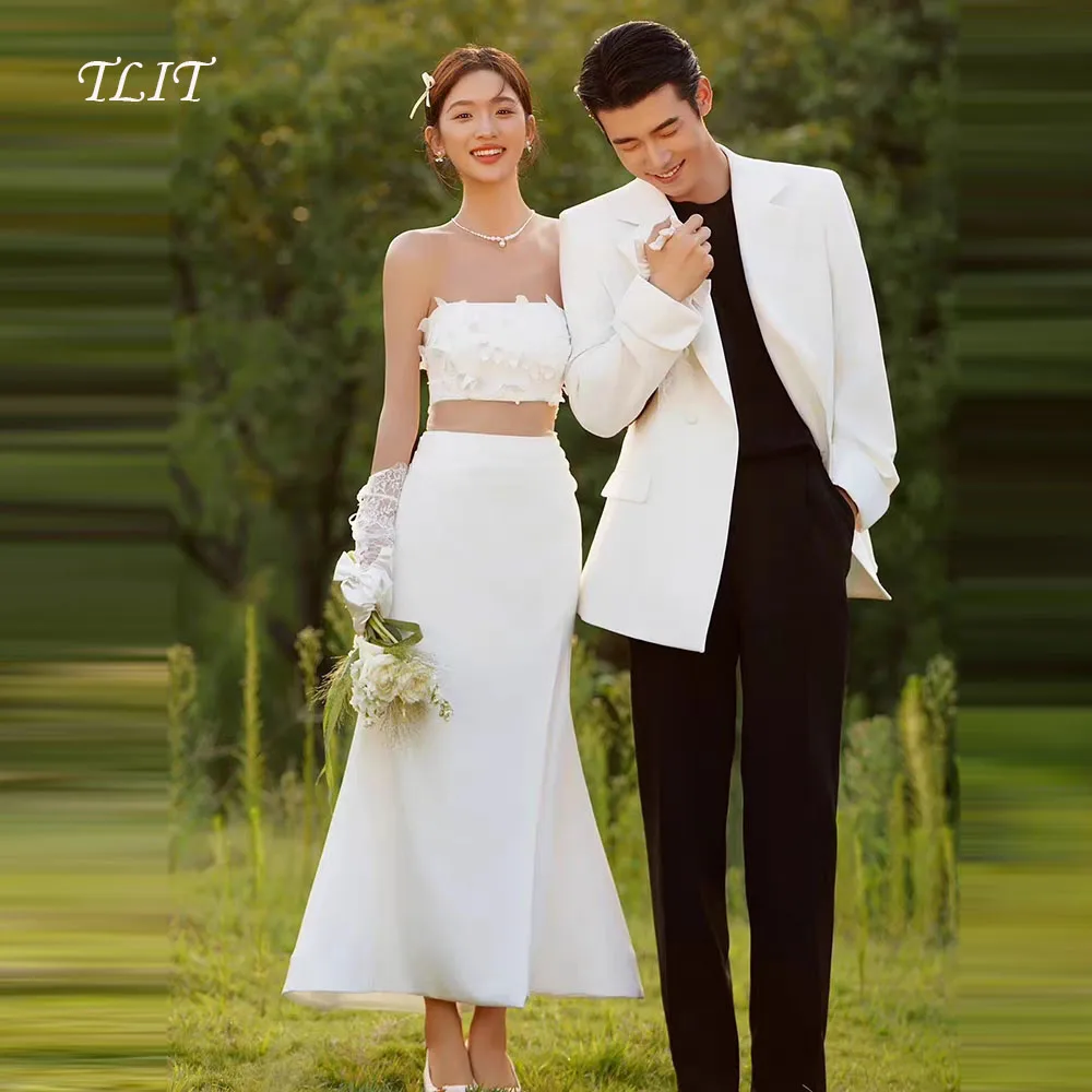 TLIT Elegant Silk Satin Two-Pieces Wedding Dresses 웨딩드레스 Appliques Butterfliers Korea Wedding Dress Photos Shoot Customized