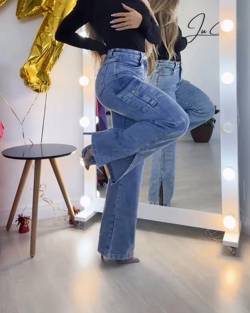 Jean Vintage à Jambes Larges pour Femme, Bleu Gris, Denim, Pantalon Long Décontracté, Streetwear, Hip Hop, Poches, Fjk, Y2K