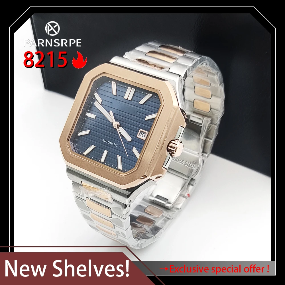 Luxury business style Two-tone Rose Gold watchband Square watch Luminous 8215 automatic mechanical movement sapphire