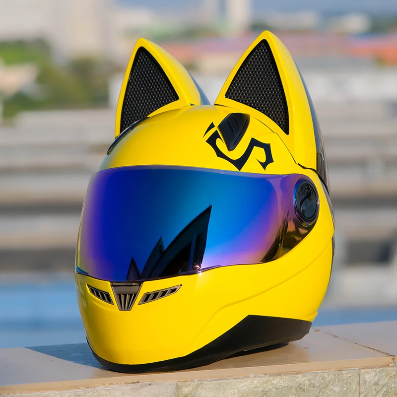 

Full Face Motorcycle Helmet Men Motocross Safety Helmet Yellow Cat Ear Helmet Women Motorcycle Capacetes Casque DOT Approved