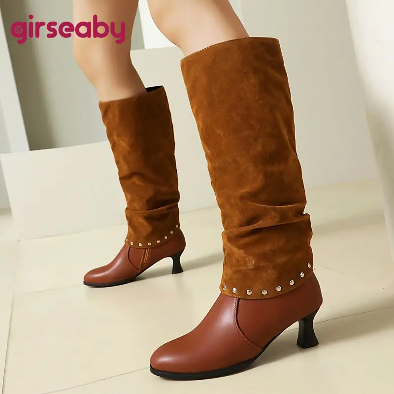 Girseaby 2025 Women's Trendy Double-Wear Boots Round Toe Heels 5.5cm Zipper Plus Sizes 41 42 43 US12 Booties