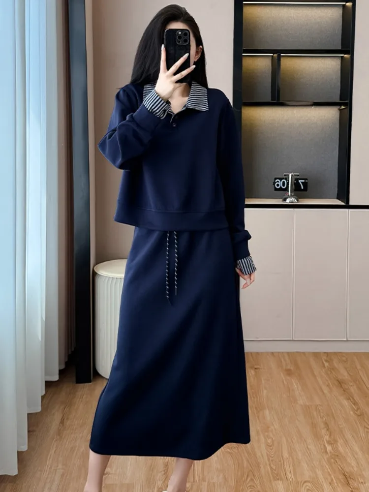

Casual Neck Sweatshirt Dress Set Women Spring Autumn Wear Matching Half Skirt Two Piece Set Korean Style Fashionable