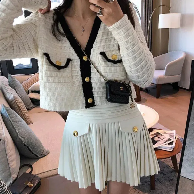 Elegant Cardigan Sweater Women Contrast Color V-Neck Single-Breasted Kintwears Openwork Fashion Sweet Gingham Female Tops