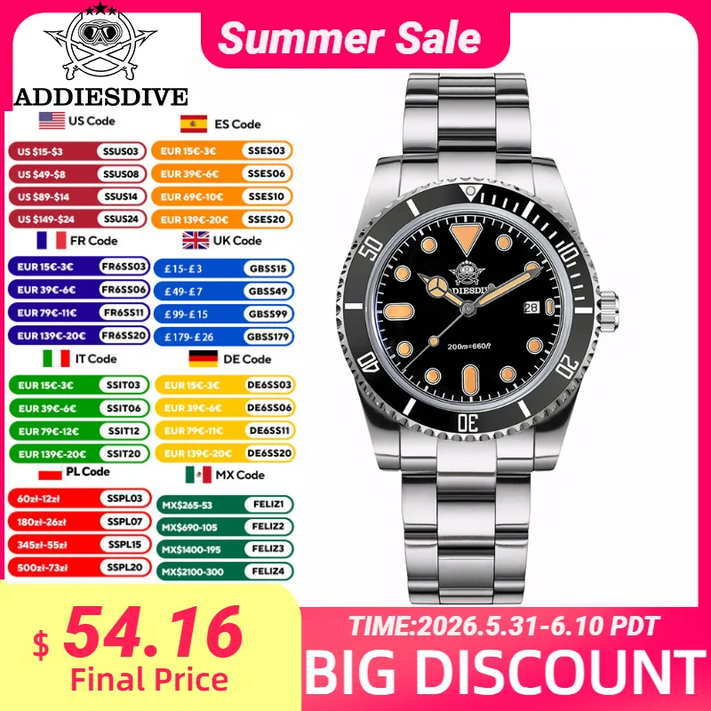 

ADDIESDIVE Men's Quartz Diving Watch 200m C3 Luminous Bubble Mirror Glass Ceramic Bezel Bubble Mirror Glass Steel Watch AD2501