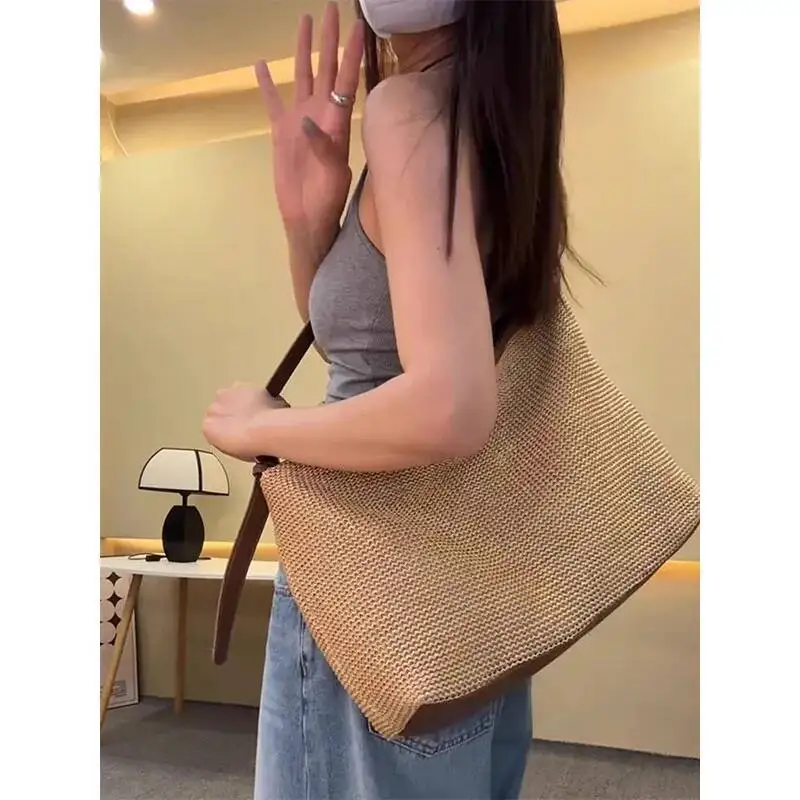 Bloom Vintage Brown Straw For Women 2025 New Vacation Zipper Woven Crossbody Bag Ladies Retro Large Capacity Handbag Y2k