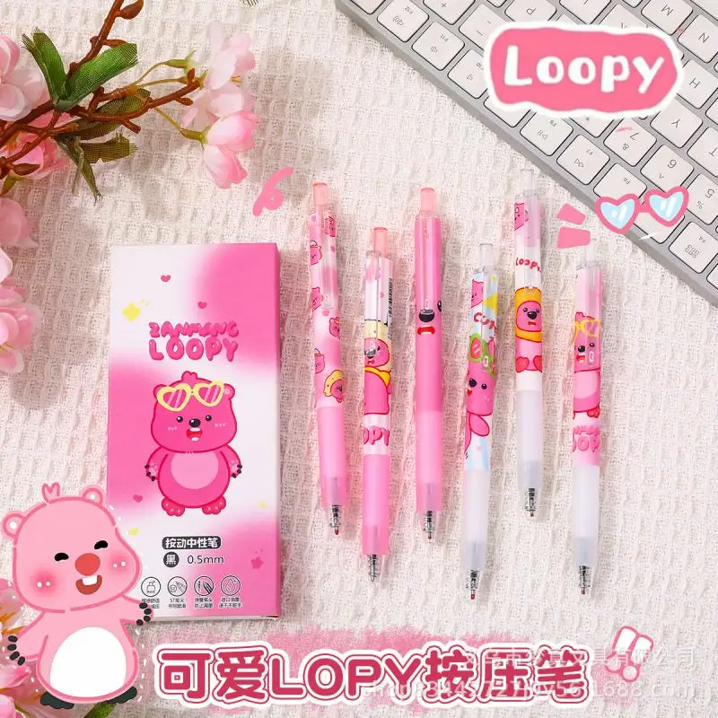 6Pcs Kawaii Loopy Little Beaver Press Neutral Pen St Nib 0.5Mm Black Quick Drying Water Pen Student Stationery Gifts For Girls