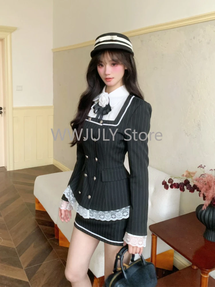 Autumn New Retro College Style Waist Slimming Spliced Striped Suit Coat Pleated Skirt Set Spicy Girl 3 Piece Set Women Outfits