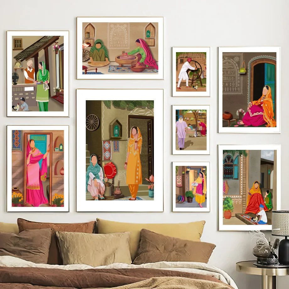 Punjaban Sikh Ethnic Wall Art Mural Women Canvas Painting Traditional Indian Poster Print Pictures For Living Room Home Decor