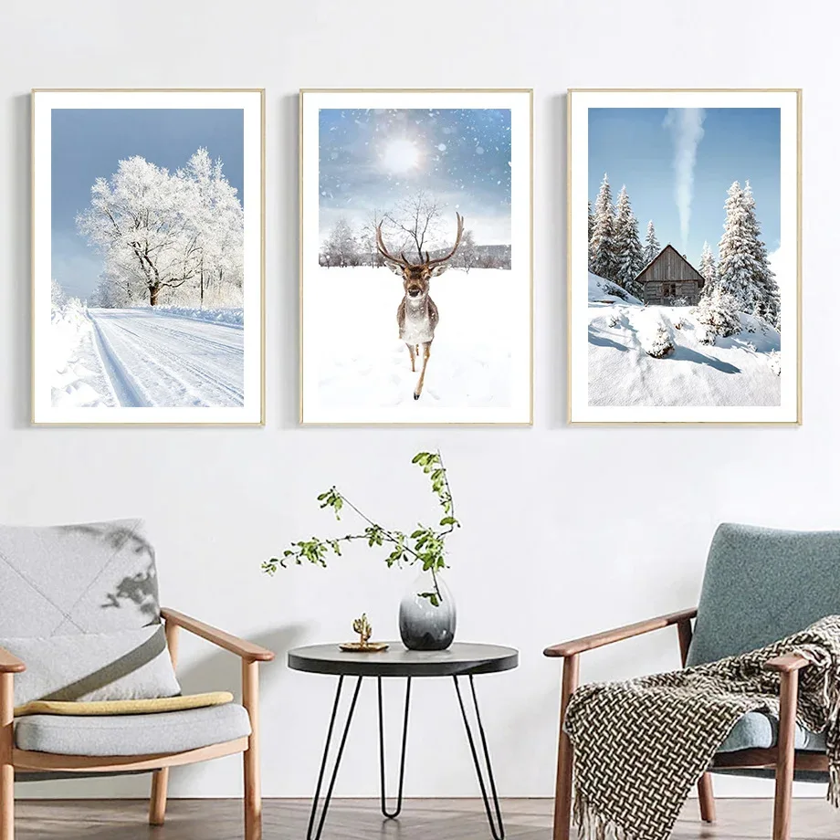 Nordic winter snow landscape elk Forest Lake living room bedroom decorative painting core poster hanging painting modern