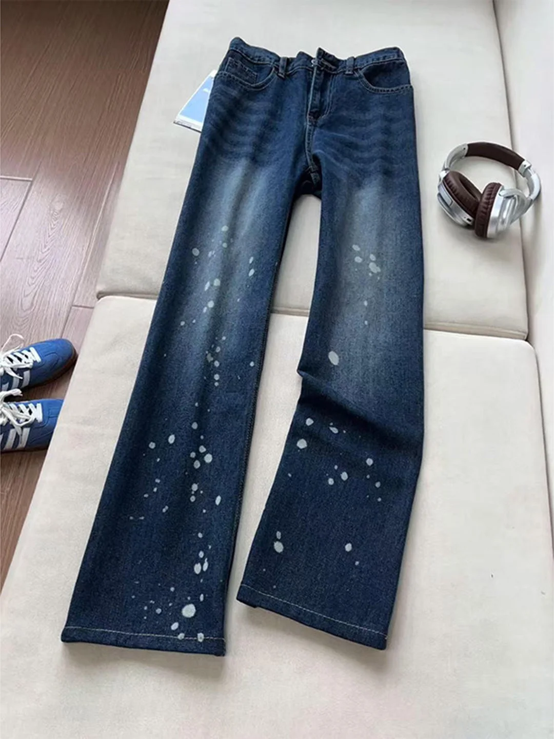 

Deep Blue Graffiti Splatter Micro Flared Men's Jeans Spring Washed Straight Leg Knife American Vibe Casual Breathable We...