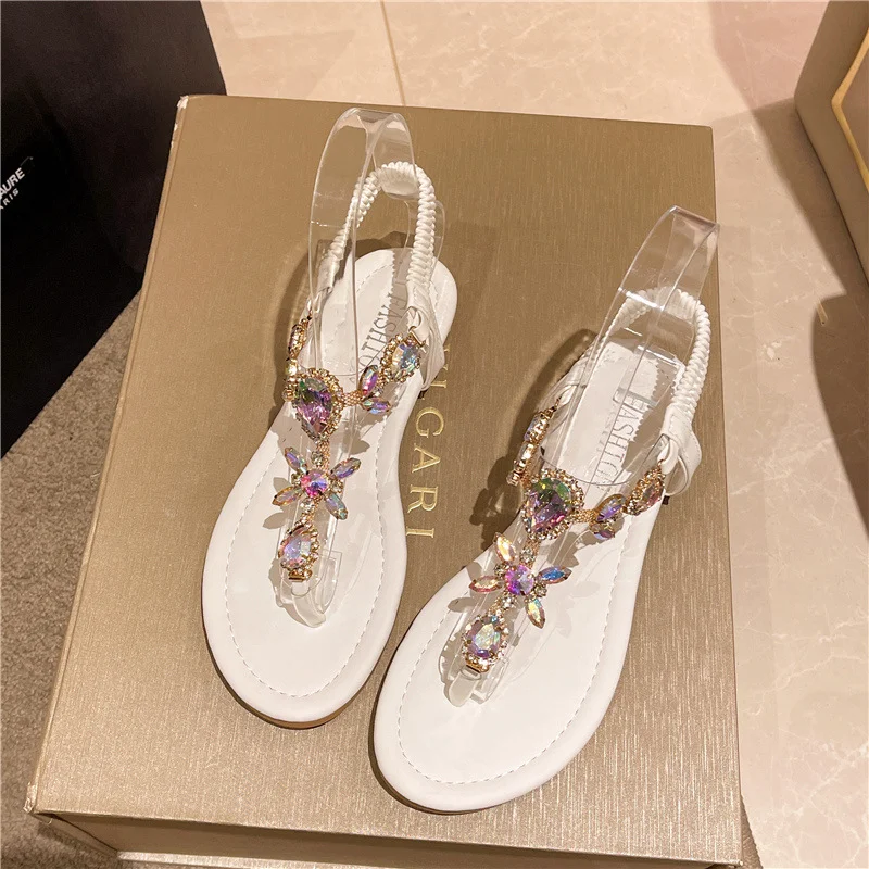 Women Rhinestone Fashion Clip Toe Flat Roman Sandals New Summer Feamle Comfortable Anti Slip Beach Shoes Flip Flops Plus Size 42