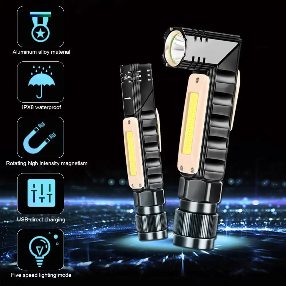 Magnetic LED Flashlight Ultra Bright Waterproof COB Light USB Rechargeable Torch Tail Magnet Work Light 90 Degrees Rotation