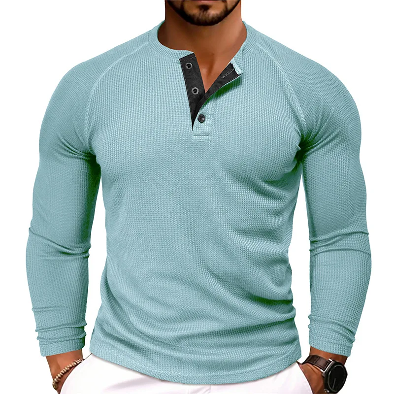 autumn and winter men's clothing crew neck waffle long-sleeved casual bottoming t-shirt foreign trade men's POIO shirt 21420