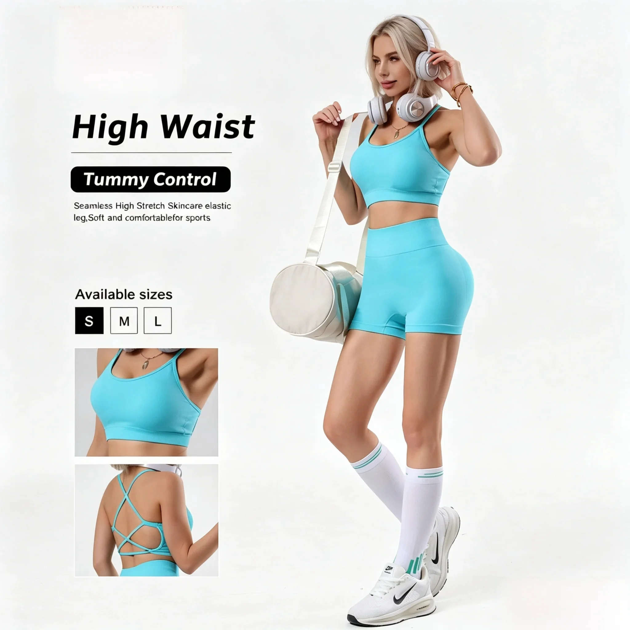 Women's Cross Back Sports Bra High Waist Tummy Control Shorts 2 Piece Yoga Workout Set Criss Cross Strap Butt Lifting
