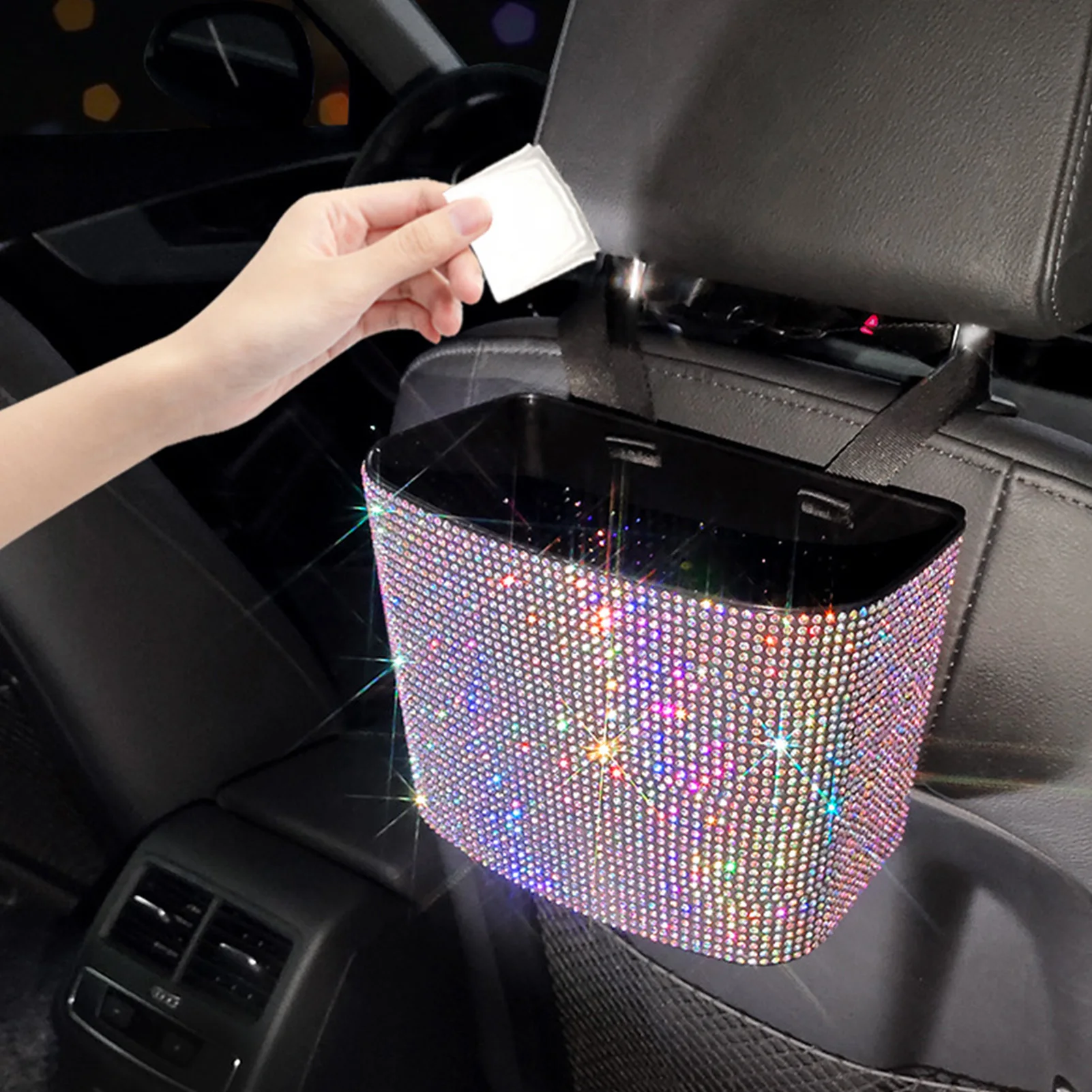 Car Seat Back Hanging Bag Bling Rhinestones Auto Hanging Container Suitable for Storing Various Things